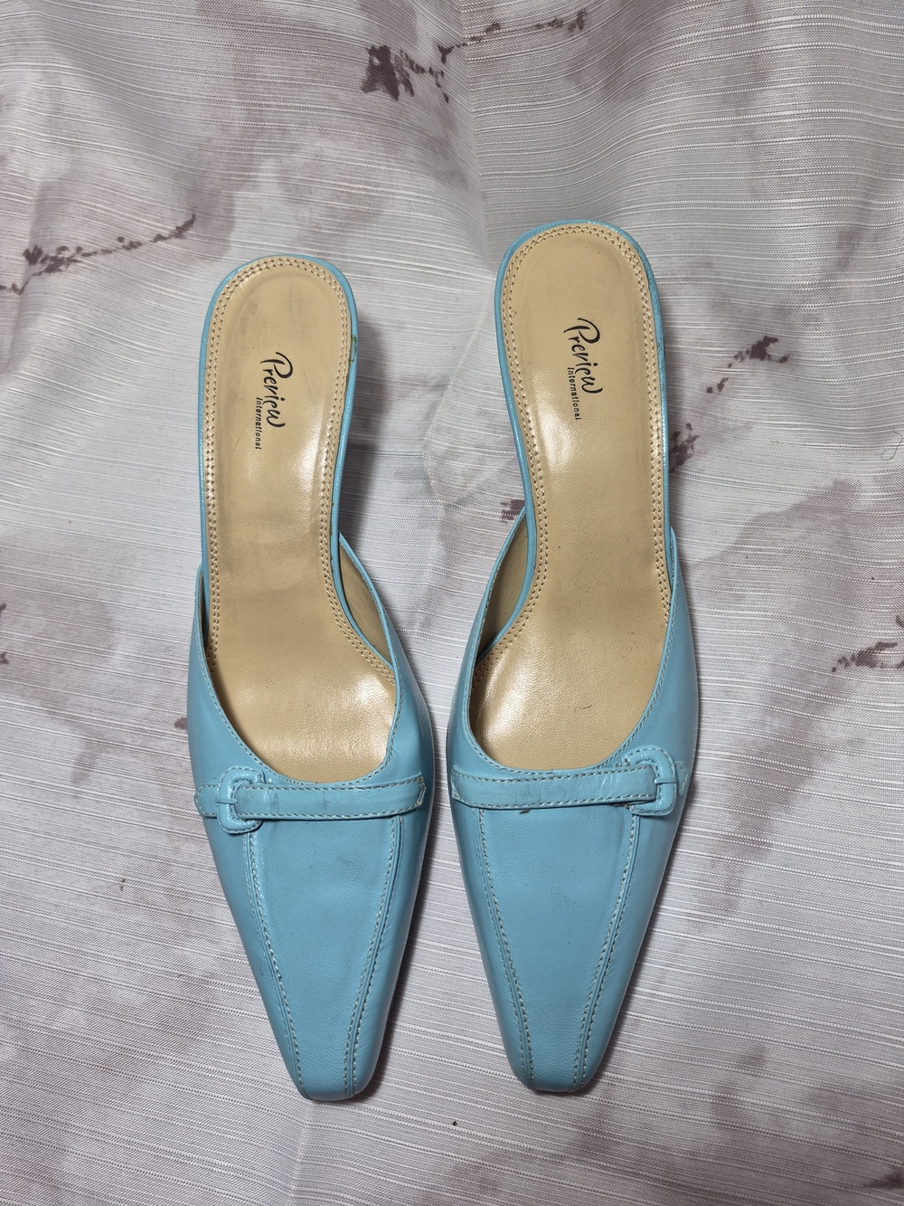 Preview International Women's Light Blue Leather Kitten Heel Mules - Picture 2 of 9